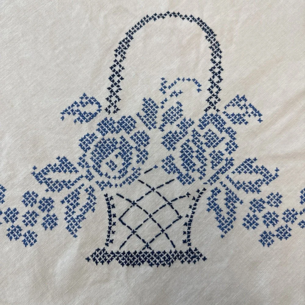 Vtg Cross Stitch Tablecloth Cotton Embroidery Blue White Basket Floral Stains